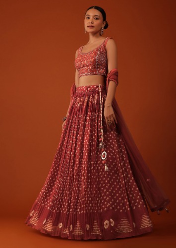 Fire Orange Bandhani Printed Lehenga And Blouse Set In Silk