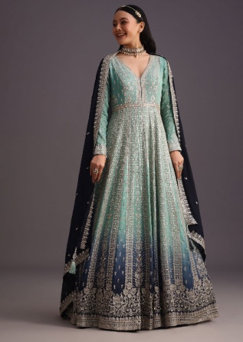 Blue Zari Work Anarkali And Dupatta 