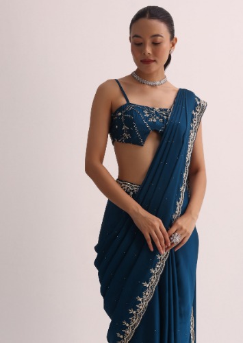 Royal Blue Saree With Embroidered Border And Unstitched Blouse