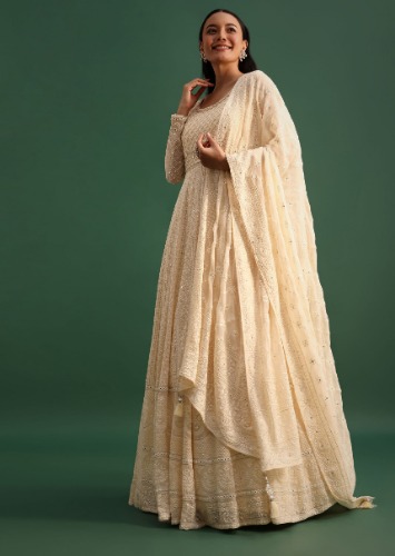 Off White Georgette Anarkali Suit With Lucknowi Work