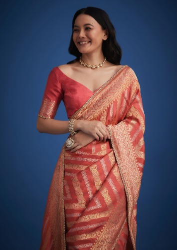 Peach Dola Silk Saree With Zari Work And Gota Patti Border