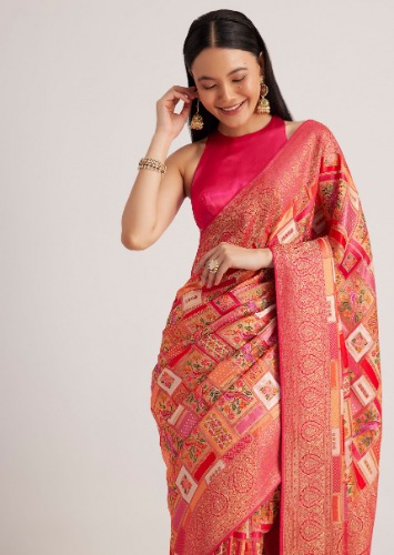 Magenta Pink Satin Silk Saree With Woven Work