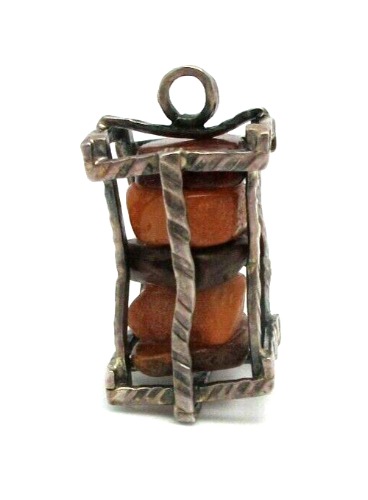 Brutalist Mid-Century Modern Amber Stack Sterling Silver Handmade Cage Pendant