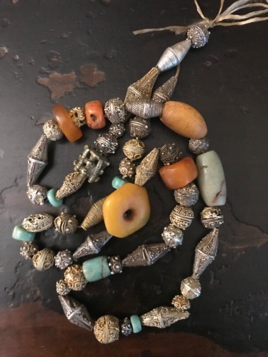 (B) Rare Old Mauritanian Amber  Amazonite Coral Granulation Silver Beads #1