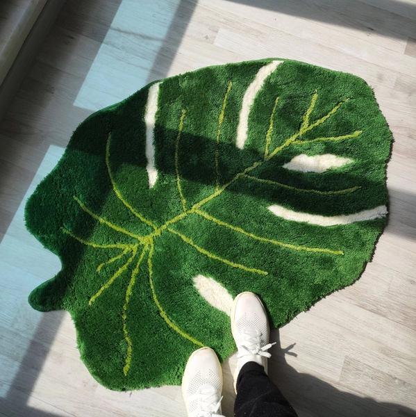 Monstera Leaf Rug, Green Rug, Fluffy Bath Rug, Tufted Area Rug, Handmade Rug, Plant Rug, Aesthetic Rug for Bedroom, Minimalist Home Decor