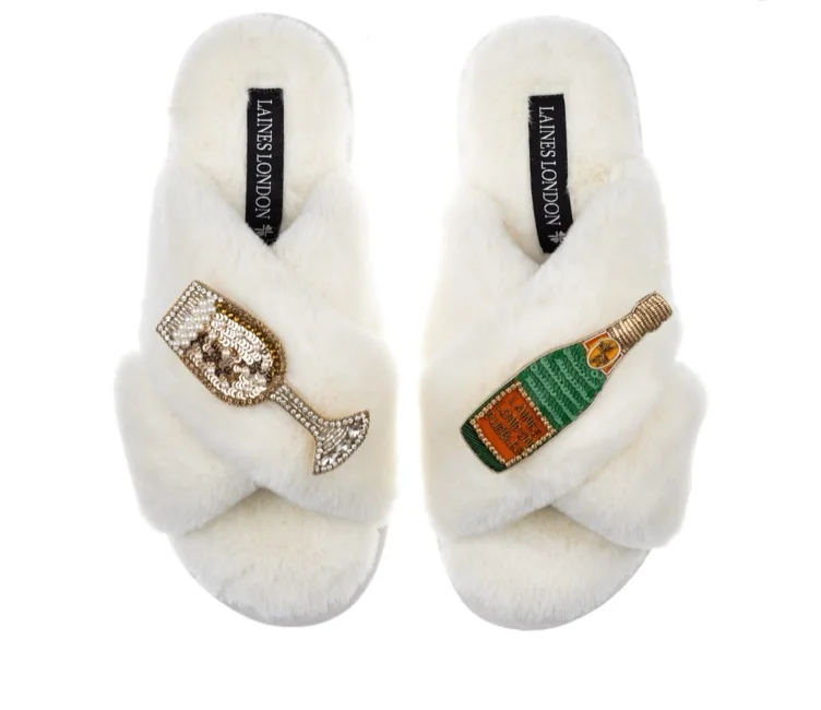 Classic Laines Slippers With Laines Champers & Glass Brooches - Cream