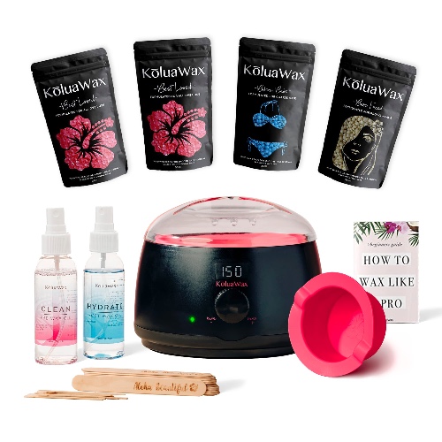 KoluaWax Premium Waxing Kit | For Brows, Bikini, Legs, & More | Digital Warmer + 4-Pack Hard Wax Beads + Accessories, Black