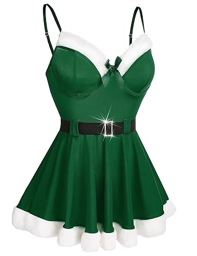 RSLOVE Christmas Lingerie for Women Sexy Santa Lingerie Set Babydoll Chemise Sleepwear - Large - Green