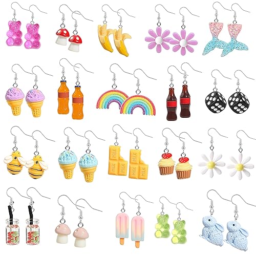20 Pairs Weird Earrings Funny Earrings Gummy Bear Duck Water Bottle Fish Dinosaur Mushroom Butterfly Strawberry Dangle Earrings Set for Women - Dangle Vivid