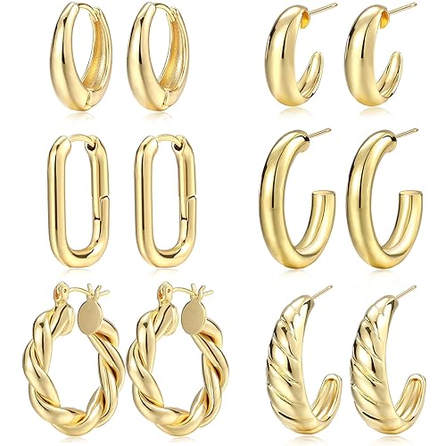 Gold Hoop Earrings Set for Women, 6 Pairs 14K Gold Plated Lightweight Hypoallergenic Chunky Open Twisted Hoops Earrings Pack Jewelry - Gold