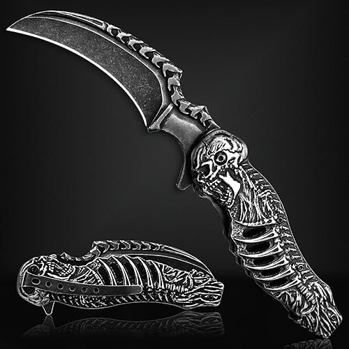 VALHALLA Skull Pocket Knife, Pocket Folding Knife With 3D Hollowed-out Skull, EDC Pocket Knife For Men Outdoor Camping Hiking Hunting