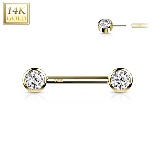 14 Kt Gold Threadless Nipple Piercing with Bezel Set Crystals
