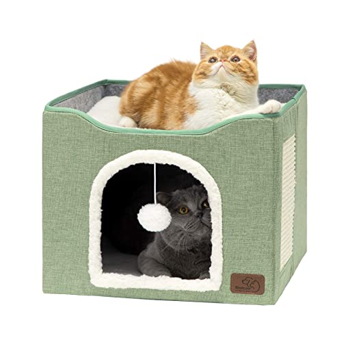 Bedsure Cat Beds for Indoor Cats - Large Cat Cave for Pet Cat House with Fluffy Ball Hanging and Scratch Pad, Foldable Cat Hideaway,16.5x16.5x13 inches, Green - Single - Green