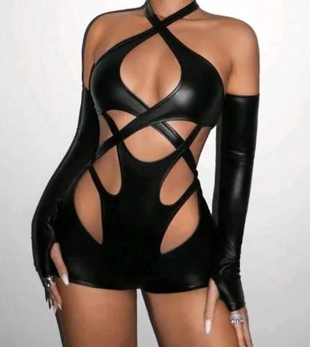 Black PU Cross Halterneck Romper