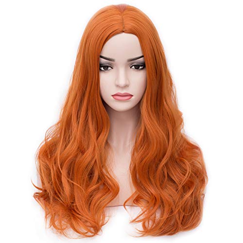 BERON Orange Wig Women Long Wavy Wig Orange Cosplay Costume Wig Center Parted Full Synthetic Wigs Wig Cap Included (Orange)