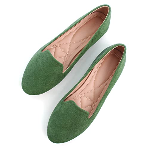 SAILING LU Women Round Toe Flats Comfortable Ballet Shoes Dressy Slip-ons Loafers - 9 - Round Toe-army Green
