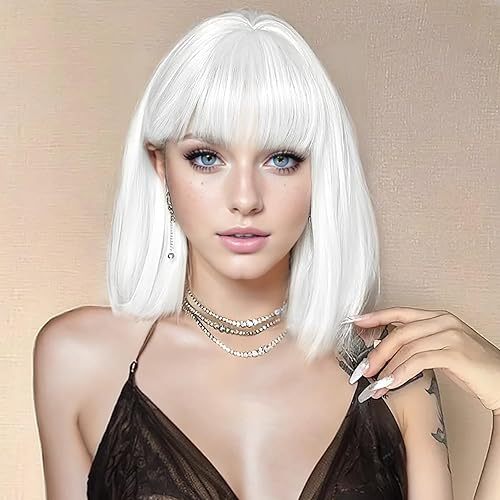 White Bob Wig with Bangs Short Straight White Wigs for Women Silver White Bob Hair Wig for Party Cosplay Daily Use（12Inch） - 12 Inch - White