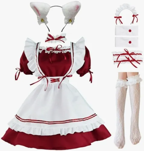 LISANEK Maid Outfit Anime Cosplay Lolita Maid Dress French Maid Costume Plush cat ear Socks set
