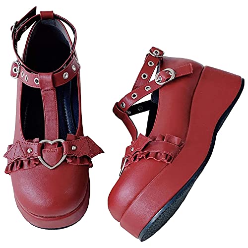 CELNEPHO Womens Mary Jane Shoes for Women, Sweet Bow Round Toe Ankle T-Strap Goth Platform Dress Pumps Shoes Oxfords - 9 - B-red