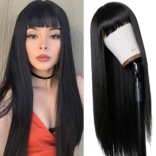 TIMANZO Long Straight Remy Hair Wigs Natural Black Heat Resistant Fiber Hair Full Machine Wig with Bangs Cosplay Party Wig For Fashion Women(24 Inches Natural Black Hair) - natural black 24inch