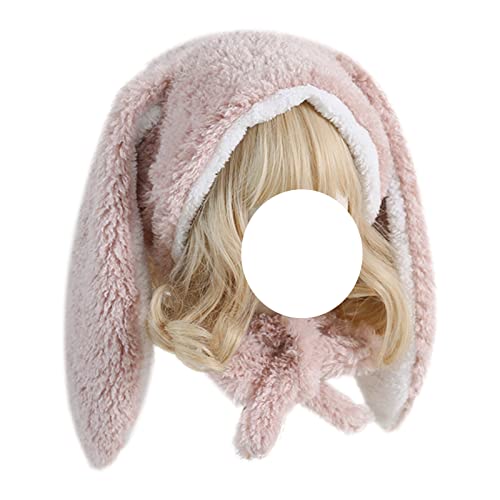 Jilneed Cute Bunny Hat Women Plush Rabbit Ear Funny Lolita Sweet Kawaii Winter Fluffy Fleece Warm Hat Cap Cosplay Accessory - Pink