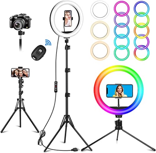 Ring Light with Tripod Stand & Phone Holder, 10.2 inch Selfie Ring Light 51" Tall Extended Tripod Stand LED Circle Dimmable Lights with Remote 29 RGB Mode Ringlight for Makeup YouTube Video Tiktok - 10 inch