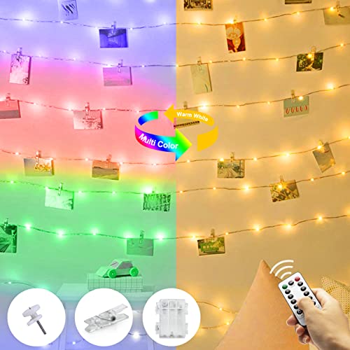 100 LED Photo Clip String Lights, 10M Battery Photo Peg Fairy Lights with 60 Clips & Remote, Hanging String Photo Frames Decoration for Indoor Bedroom Wedding Party Christmas(Warm White & Multicolor) - Warm & Multicolor - 100LED