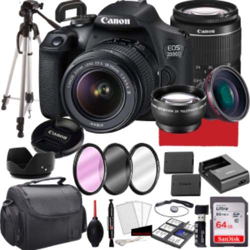 Canon EOS 2000D (Rebel T7) DSLR Camera with 18-55mm f/3.5-5.6 Zoom Lens, 64GB Memory,Case, Tripod and More (28pc Bundle) - 