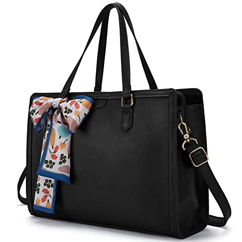 Missnine Laptop Bag 15.6 Inch Women's Handbag Laptop Shoulder Bags Briefcase Leather Shopper Women's Large Work Bag Notebook Bag Business Bag with 3 Compartments for Office School Travel, 1-Black
