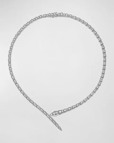 Serpenti Viper 18K White Gold Pavé Diamond Necklace, Size Medium