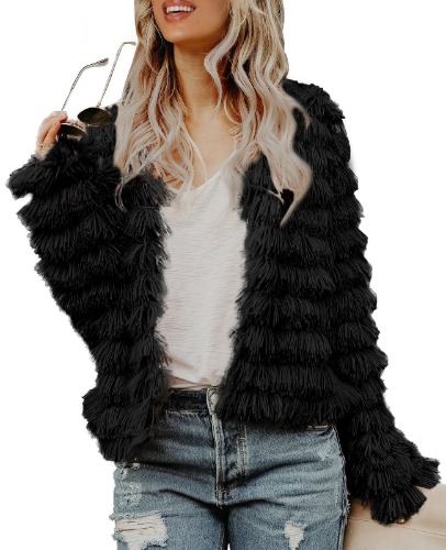 Inorin Womens Fall Open Front Cardigan Faux Fur Coat Vintage Parka Shaggy Jacket Warm Coat Tops - Black Small
