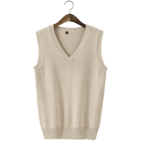 Men Women Knitted Cotton V-Neck Vest JK Uniform Pullover Sleeveless Sweater School Cardigan - Apricot X-Large