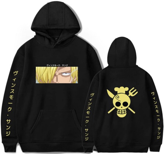 WINKEEY Men's One Piece Hoodie Japanese Anime Character Print Cosplay Sweatshirt Luffy Zoro Pullover - Large Black Sanji