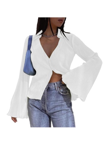 LYANER Women's Deep V Neck Button Front Bell Long Sleeve Blouse Shirt Top - Large White