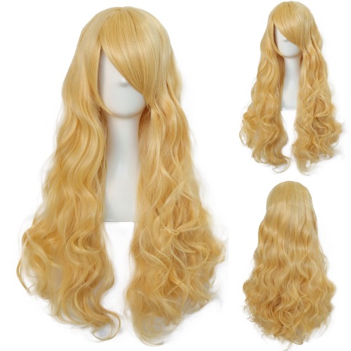 ANOGOL Hair Cap+80Cm/32Inch yellow wig yellow curly wig For Anime Cosplay Women, long blonde wig with bangs yellow hair For Costume Wigs Cosplay Party Wigs, yellow blonde wig For Halloween Party