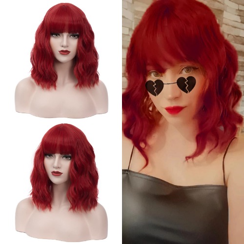 DWMGLP 14" Short Dark Red Curly Wig For Women Girls Heat Resistant Fiber Wigs Halloween Cosplay Daily Party+Cap (Dark Red) - Dark Red