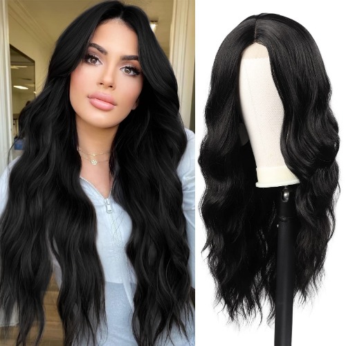 Long Black Wavy Wig for Women 24 Inch Curly Synthetic Wigs Natural Middle Part Heat Resistant Wig for Daily Wear