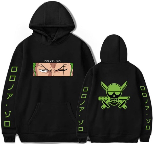 WINKEEY Men's One Piece Hoodie Japanese Anime Character Print Cosplay Sweatshirt Luffy Zoro Pullover - X-Large Black a Zoro