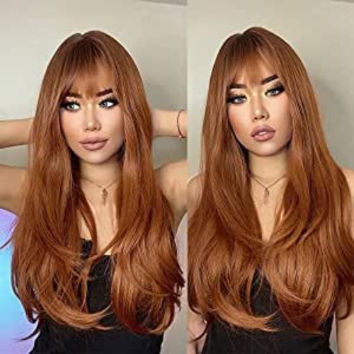Copper Ginger Wigs With Bangs, Auburn Long Natural Straight Layered Synthetic Hair For Women Dark Red Brown Realistic Wig 26 Inch