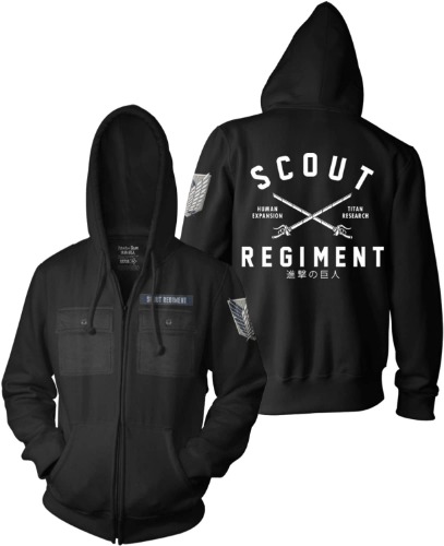 Ripple Junction Attack on Titan Adult Unisex Scout Regiment Military Style Full Zip Fleece Hoodie - X-Large Black