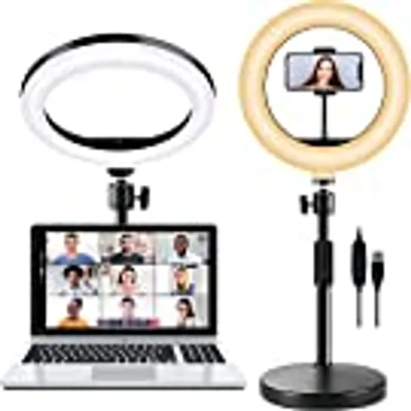 Selfie Ring Light with Stand and Phone Holder, 10'' Dimmable Desktop LED Circle Light for Laptop,Computer, Lighting Kit Gifts for Live Streaming/Laptop Video Conference/Chat/Makeup/YouTube/Tiktok/Vlog