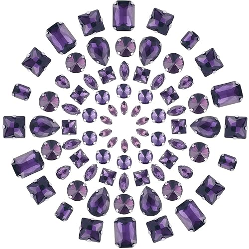 GORGECRAFT 1 Box 100Stk 10 Stile Zum Aufnähen von Strasssteinen Lila Glas-Strasssteine Silberne Klaue Flatback-Edelsteine Mit 4 Löchern Tropfenförmig Rund Quadratisch Mischform Nähedelsteine Für DIY - Lila