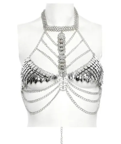 Punk Rave Silver Metal Scale Chest Chain Halter Harness - DarkinCloset.com