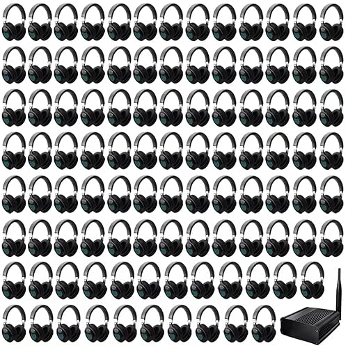 YHWKETTA Silent Disco Headphone System- 100pcs Wireless LED Flashing Light Headphones with Transmitter and 500m Range, Ideal for Yoga, Private Silent Movie Parties, Garden Event, Fitness, and More