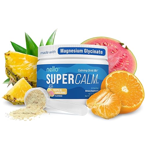 Nello Supercalm Powdered Drink Mix, Tropical Tangerine, L Theanine, Ksm-66 Ashwagandha, Magnesium Glycinate, Vitamin D 3, Supplements for Relaxation & Focus, Natural, No Sugar, Non GMO, Vegan, 30 Srvg - Tropical Tangerine - 30 Servings (Pack of 1)