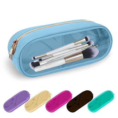 UIXIZQ Clear Small Pencil Pouch Makeup Bag for Purse,Nylon&PVC Pencil Case Waterproof Makeup Brush Holder with Zipper,Preppy Transparent Pen Bag Travel Cosmetic Bag for Women Office(Slim-Blue) - Periwinkle-Clear - Slim