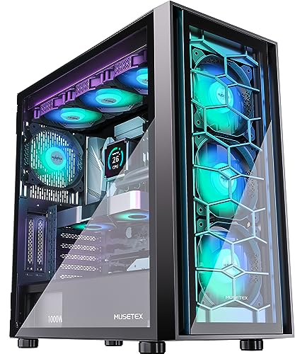 MUSETEX ATX PC Case 4 PWM ARGB Fans Pre-Installed, Mid Tower Gaming PC Case, Double Tempered Glass Tower Computer Case, USB 3.0 x 2, Black, G08 - G08