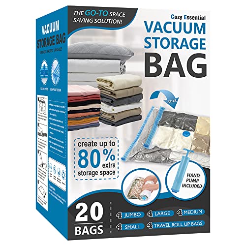 20 Pack Vacuum Storage Bags, Space Saver Bags (4 Jumbo/4 Large/4 Medium/4 Small/4 Roll) Compression for Comforters and Blankets, Sealer Clothes Storage, Hand Pump Included - 20 Pack