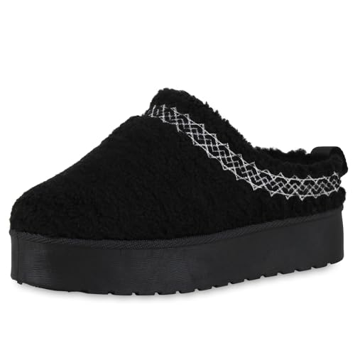 VAN HILL Damen Hausschuhe Pantoffeln Warm Gefüttert mit Plateau Prints Profilsohle - 40 EU - Schwarz Kunstfell