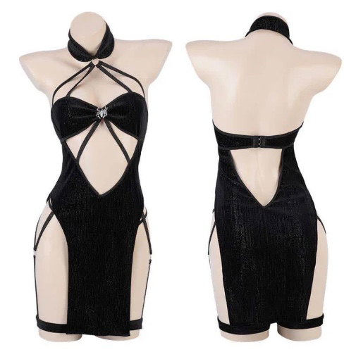 Hollow Out Lace Up Halter Cheongsam Dress Lingerie